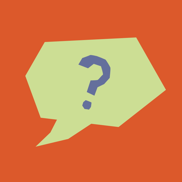 Illustrated speech bubble with a question mark inside, on an orange background
