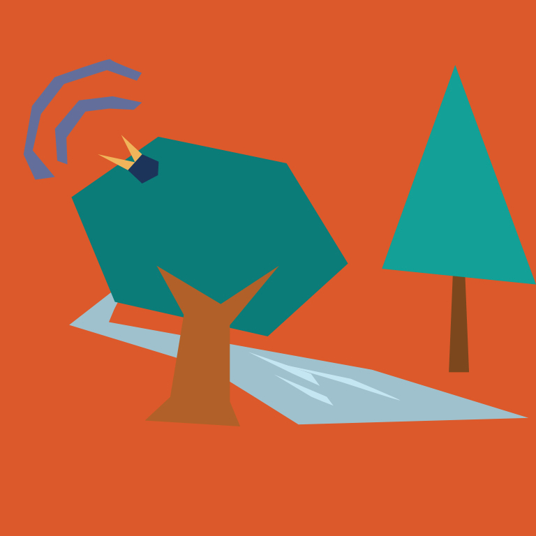 Illustrated trees with a singing bird and a road on an orange background