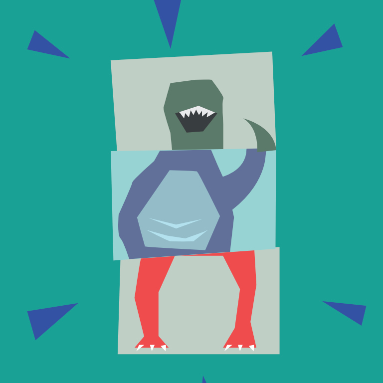 Illustrated dinosaur playing cards tsacked together to make a new dinosaur