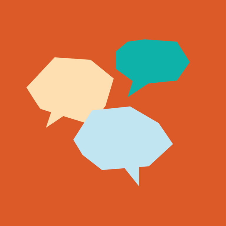 Illustrated speech bubbles on an orange background