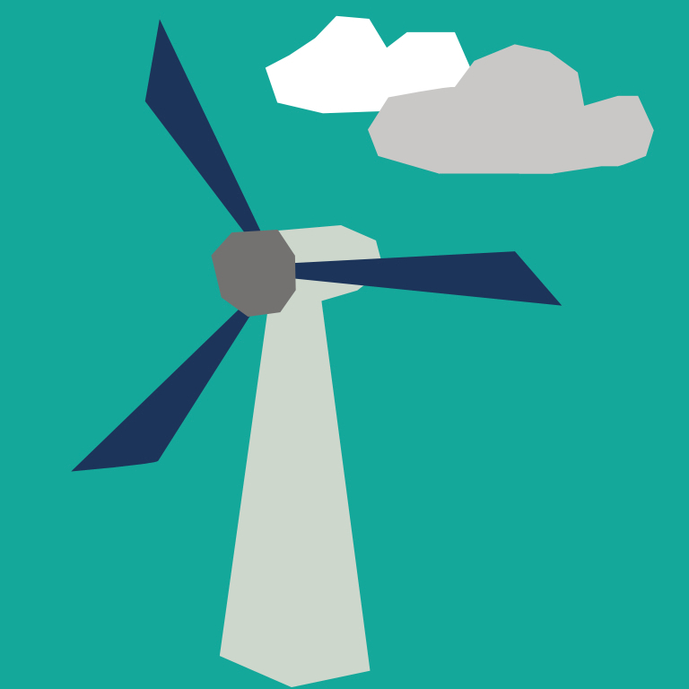 Illustrated wind turbine and clouds on a green background