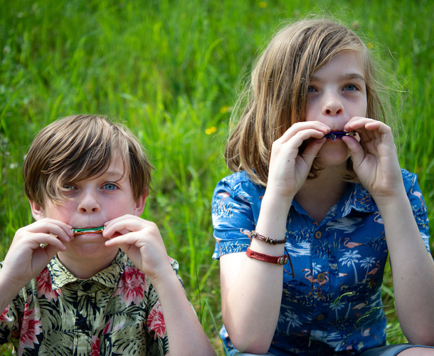Two young boys sitting out on the grass blowing into harmonicas they have made