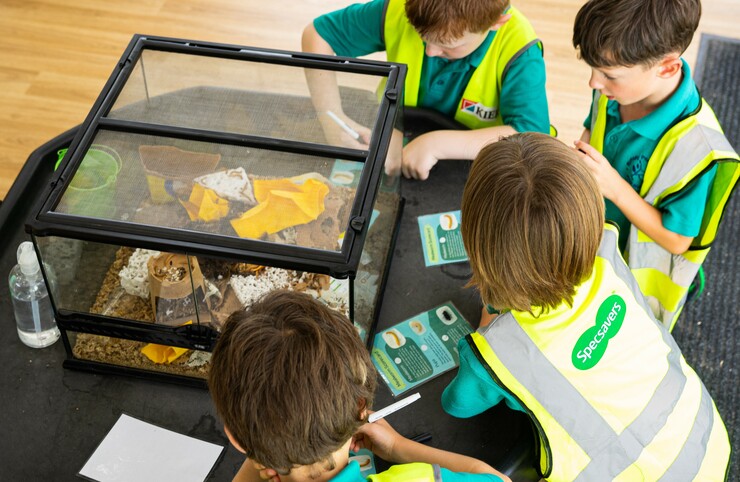 Children looking at mill worms
