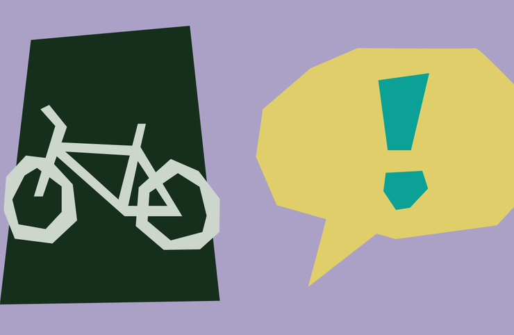Illustrated bicycle and a speech bubble on a purple background