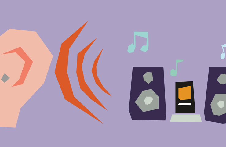 Illustrated ear, sound waves and music speakers on a purple background