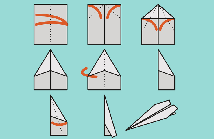 Illustrated instructions for making a paper plane on a blue background