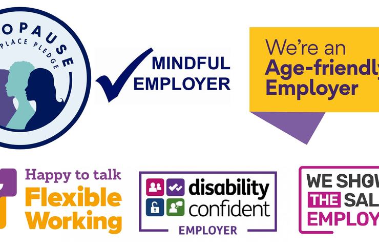 A selection of employer accreditation badges. Disability Confident, Flexible Working, Age-friendly, Menopause workplace pledge, Mindful employer, We show the salary employer