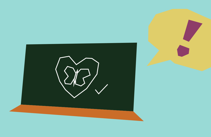 Illustrated blackboard and speech bubble on a blue background