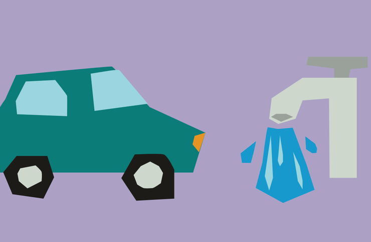 Illustrated car and a tap with water coming out on a purple background