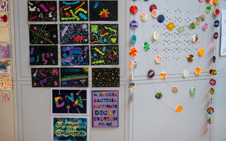 A wall of artwork.