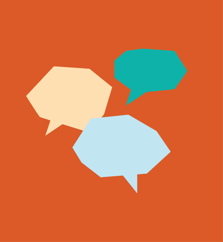 Illustrated speech bubbles on an orange background